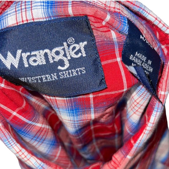 Wrangler Pearl Snap Red White Blue Patriotic USA Light Plaid Western Shirt M - Picture 9 of 10